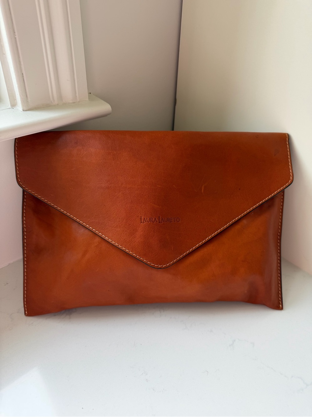 Laura Laureto Cognac Leather Envelope Clutch Minimalist Purse
